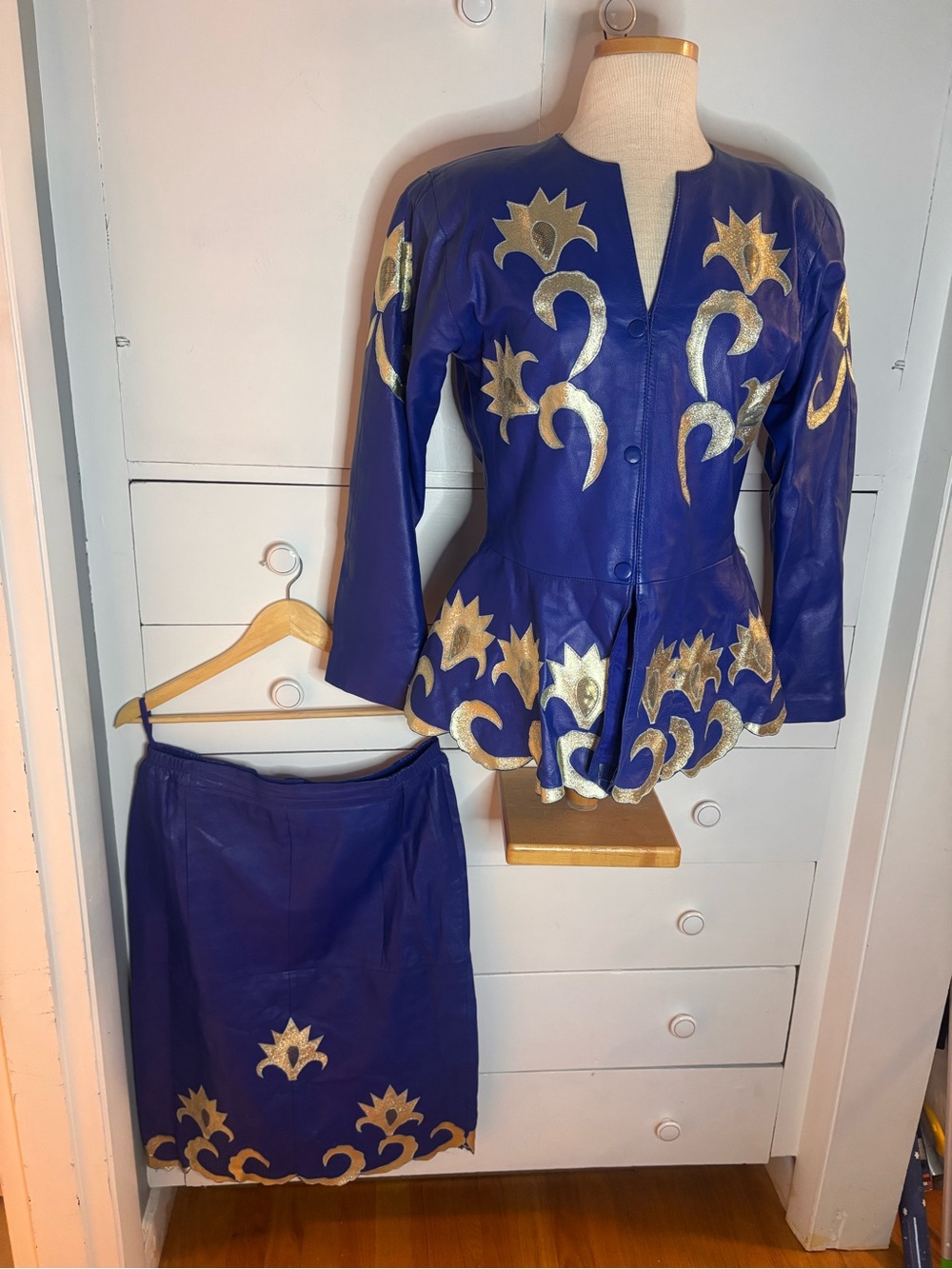 Vintage Blue Leather Skirt and Jacket Set with Gold Appliqué - Picture 2 of 16